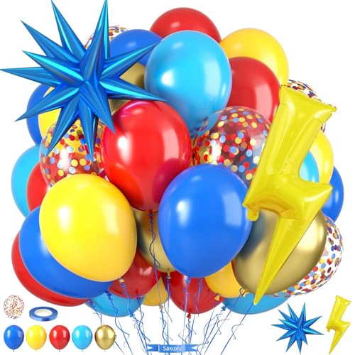 Rot-blau-gelbe Konfetti-Ballons, Cartoon-Geburtstagsparty-Ballons mit Stern und Blitz-Folienballon für Kinder, Jungen, Geburtstagsparty-Dekorationen, Abschlussfeier, Babyparty Rot-blau-gelbe Konfetti-Ballons, Cartoon-Geburtstagsparty-Ballons mit Stern und Blitz-Folienballon für Kinder, Jungen, Geburtstagsparty-Dekorationen, Abschlussfeier, Babyparty von Saxuxu