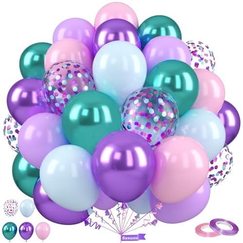 Saxuxu Meerjungfrau Party Luftballons, 30,5 cm Pastell Lila und Blaugrün, Rosa Metallic Blaugrün Lila Konfetti Ballons für Mädchen Meerjungfrau Thema Prinzessin Geburtstag Babyparty Party Dekorationen von Saxuxu