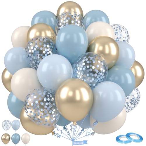 Saxuxu Staubige blaue und goldene Luftballons, 30,5 cm blaue Partyballons, Retro-Nebelblau, Metallic, Gold, Weiß, Blau, Konfetti-Ballons für Hochzeit, Babyparty, Geschlecht, Enthüllung, von Saxuxu