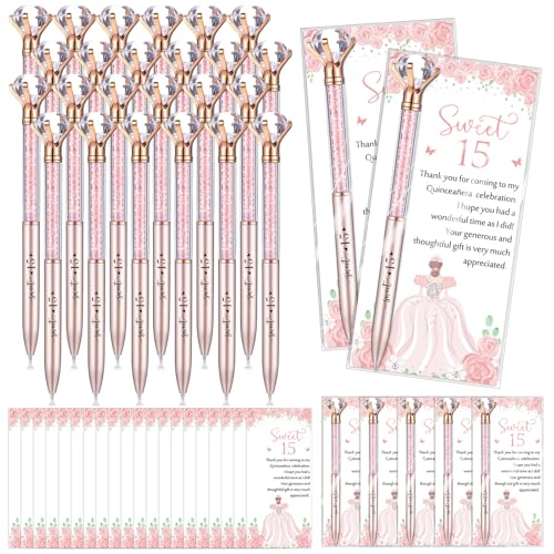 Sayglossy Quinceanera Partygeschenke, süßes Dankeschön-Geschenk zum 15. Geburtstag, große Kristall-Diamant-Stifte mit Dankeskarten, einziehbarer Kugelschreiber, 15. Geburtstag, Mis Quitte, Geschenke von Sayglossy