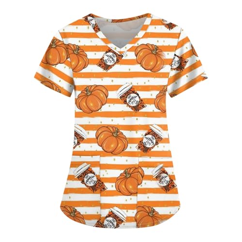 Saymany Berufskleidung Lässig Kostüm Für Halloween Horror Damen Druck Schlupfkasack Mit Taschen Pulsuhr Krankenschwester Kostüm V-Ausschnitt Kasack （2-Saffron，L） von Saymany