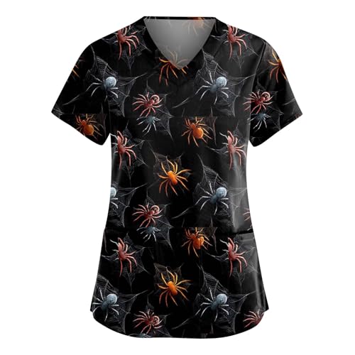 Saymany Berufskleidung Mit Taschen Halloween Kostüme Arbeitskleidung & Uniformen Kurzarm Kostüm Fledermaus Costumes Gruseliges Kürbis Arztkittel Damen （1-Multicolor，5XL） von Saymany