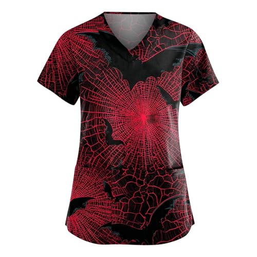 Saymany Damen Halloween Kasack Casual Kostüm Pflege Kleidung Bequem Für Medizinische Berufsbekleidung Lässig Arbeitskleidung Kostüme Fledermaus Kittel （1-Deep Red，4XL） von Saymany