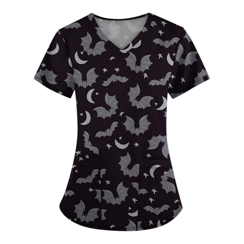 Saymany Damen Halloween Kasack Mit Taschen Kostüm Medizinische Kleidung Kürbis Halloween-Kostüm Kostume Hexe Pflege Günstig Schlupfkasack Fledermaus Weißer Kittel （7-Black，3XL） von Saymany