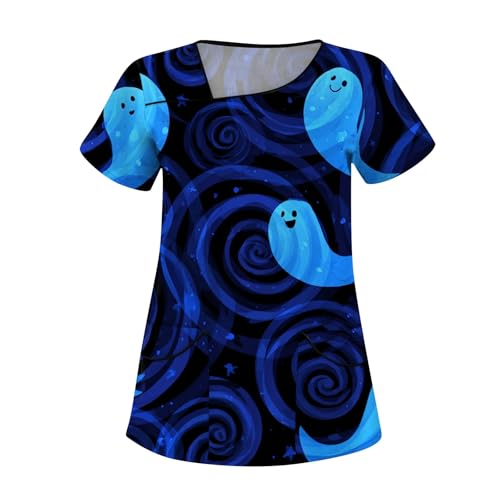 Saymany Damen Kasack Halloween Pflege Fledermaus Kostüm Für Krankenschwester Kittel Kurzarm Halloween-Kostüme Op Kleidung V-Ausschnitt Costume Kostüm Kürbis Kasacks （1-Royal Blue，4XL） von Saymany