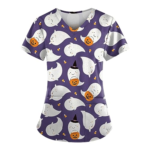 Saymany Damen Kasack Halloween Pflege Kürbis Kostüm Kurzarm Kasacks Krankenschwester Kleidung Druck Gruseliges Fledermaus Erwachsene （1-White，XL） von Saymany