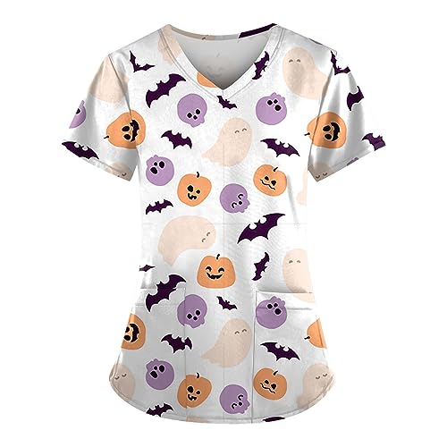 Saymany Halloween Damen Fledermaus Halloween-Kostüme Krankenschwester Kittel Geister Kleidung Kostüm Bequem Schlupfkasack V-Ausschnitt Medizinische Uniform （1-White，S） von Saymany