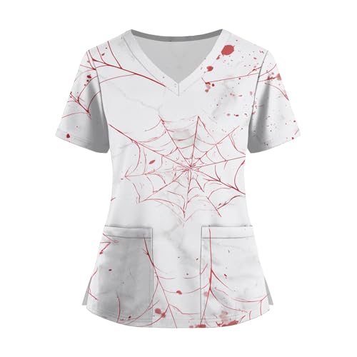 Saymany Halloween Kasacks Damen Pflege Bequem Op Kleidung Berufsbekleidung Casual Kostüm Kostüm Kürbis Gothic Kostüme Mit Taschen Pulsuhr Krankenschwester （2-White，L） von Saymany