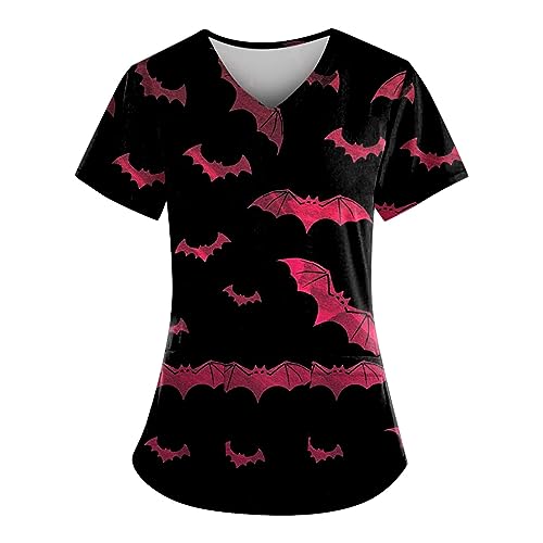 Saymany Halloween Kasacks Damen Pflege Druck Halloween-Kostüm Kazaks Bequem Halloween-Kostüme Gruseliges Kostüm Mit Taschen Kasack Herren V-Ausschnitt Medizinische Kleidung （2-Hot Pink，S） von Saymany