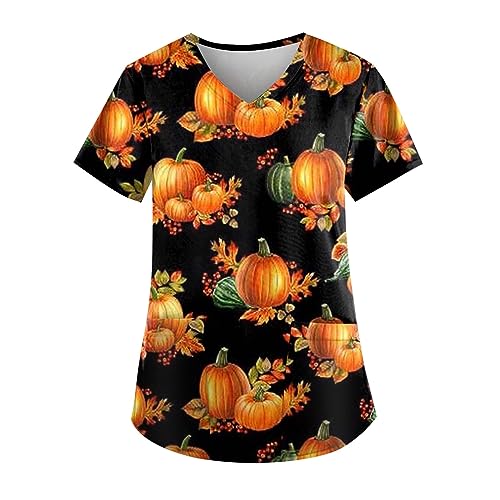 Saymany Halloween Kasacks Damen Pflege Druck Kostüm Fledermaus Gruseliges Casual Pflegekleidung Set Kostüm V-Ausschnitt Kasaks Altenpflege （1-Orange，S） von Saymany