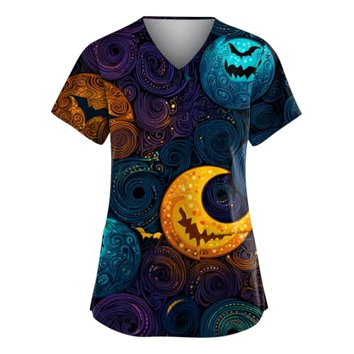 Saymany Halloween Kasacks Damen Pflege Kurzarm Kostüme Sommer Druck Scrubs V-Ausschnitt Pulsuhr Krankenschwester Kostüm Mit Taschen （3-Dark Blue，XXL） von Saymany