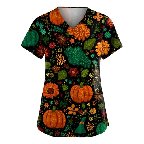 Saymany Halloween Kasacks Damen V-Ausschnitt Pflege Locker Kostüm Berufsbekleidung Mit Taschen Kasack Kostüme Druck Kostüm Horror （3-Green，5XL） von Saymany