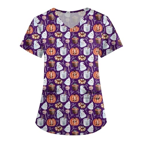Saymany Halloween Kasaks Altenpflege Damen Druck Op Kasack Costume Fledermaus Halloween-Kostüme Kostüm Gothic Kürbis Horror Berufsbekleidung Hexe （3-Purple，XXL） von Saymany