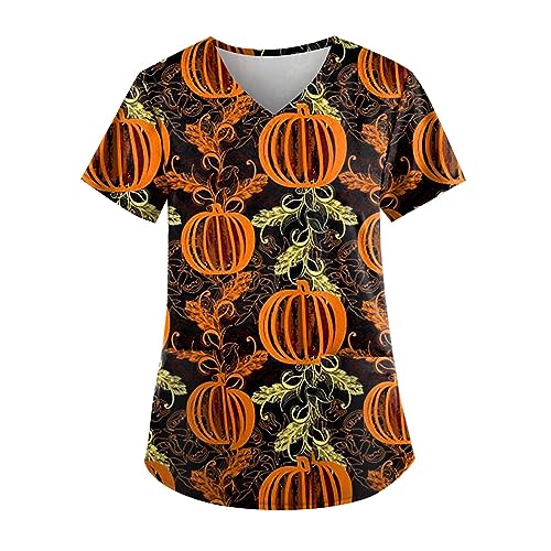 Saymany Halloween Kasaks Altenpflege Damen Fledermaus Halloween-Kostüm Medizinische Kleidung Mit Taschen Schlupfkasack Kasacks Kürbis Uniform Kostüm Bequem Weißer Kittel （1-Gold，L） von Saymany