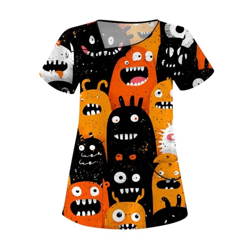 Saymany Halloween Kasaks Altenpflege Damen Geister Scrubs Pflege Kleidung Fledermaus Halloween-Kostüme Arzt Kostüm Lässig Kasacks Druck Pflegekleidung Set （3-Saffron，M） von Saymany