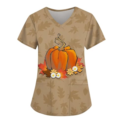 Saymany Halloween Kasaks Altenpflege Damen V-Ausschnitt Krankenschwester Kittel Kasack Hose Lässig Scrubs Halloween-Kostüme Casual Arbeitskleidung Pflege Kostüm Für Fledermaus （2-Camel，L） von Saymany