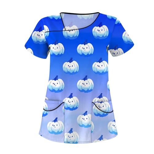 Saymany Halloween Kostüm Damen Kasack Bequem Kostüm Horror Druck Scrubs Lässig Laborkittel Kostume Geister Kasacks Pflege Baumwolle （7-Blue，XL） von Saymany