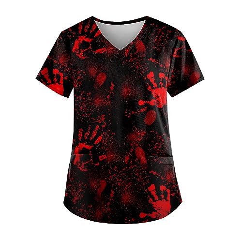 Saymany Halloween Kostüm Damen Kasack Kürbis Krankenschwester Kleidung Pflege Günstig Geister Kostüme Op Bequem Erwachsene Kasacks V-Ausschnitt Laborkittel （2-Red，4XL） von Saymany