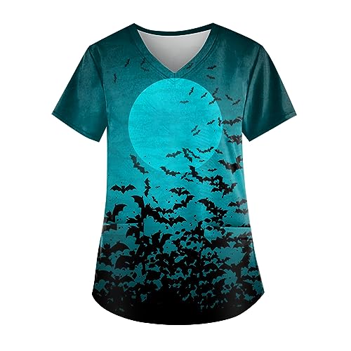 Saymany Halloween Kostüm Damen Kasack Lässig Kasacks Kürbis Krankenschwester Kleidung Op Fledermaus Gruselig Hexe Schlupfkasack （3-Cyan，3XL） von Saymany