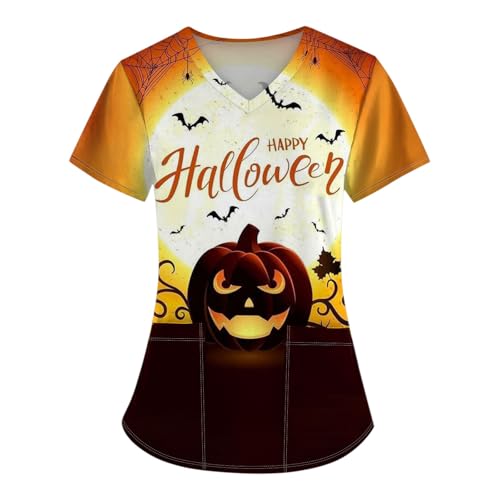 Saymany Halloween Kostüm Damen Kasack V-Ausschnitt Halloween-Kostüme Kasaks Altenpflege Casual Scrubs Kostüm Lässig Hose Fledermaus Berufsbekleidung Pflege （4-Ginger，XXL） von Saymany