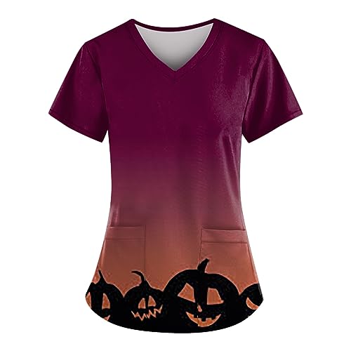 Saymany Halloween Kostüm Für Damen Druck Costumes Casual Arbeitskleidung & Uniformen Halloween-Kostüm Mit Taschen Laborkittel Op Kasack Kürbis Horror （1-Wine，M） von Saymany