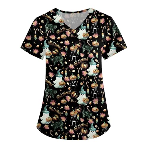 Saymany Halloween Kostüm Für Damen Geister Kostüme Gruselig Druck Halloween-Kostüm Scrubs Mit Taschen Kittel Weiß Hexe Kasack Baumwolle （3-Black，L） von Saymany