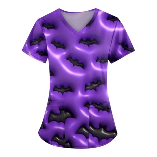 Saymany Halloween Kostüm Für Damen Mit Taschen Kasacks Kasack Hose V-Ausschnitt Berufsbekleidung Fledermaus Pflege Op Kürbis Kasaks Altenpflege （4-Dark Purple，4XL） von Saymany