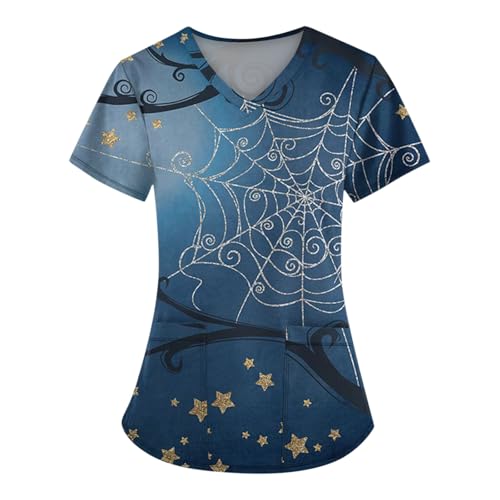 Saymany Helloween Damen Kasack Fledermaus Kostüm Halloween Kasak Kürbis Arbeitskleidung & Uniformen Kostume Geister Op Kurzarm Pflegekleidung Set （6-Blue，M） von Saymany