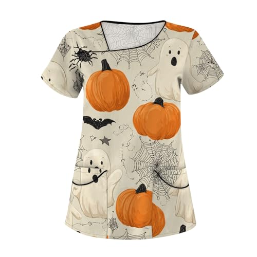 Saymany Helloween Damen Kasack Kurzarm Halloween-Kostüm Weißer Kittel Halloween Druck Kostüm Krankenschwester Kleidung Lässig Arbeitskleidung Kostüm Locker Berufsbekleidung Pflege （4-Beige，5XL） von Saymany