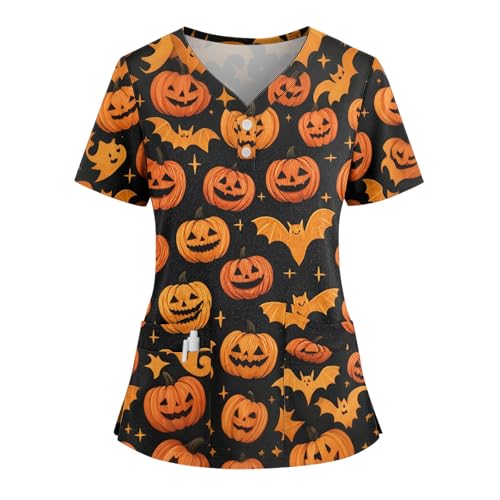 Saymany Helloween Damen Kasack Kurzarm Halloween-Kostüme Horror Kostüm Bequem Halloween Kostüme Hexe Pflegekleidung Set Gruseliges Druck Berufsbekleidung Pflege （1-Black，M） von Saymany