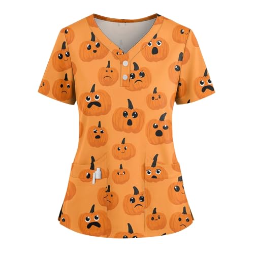Saymany Helloween Damen Kasack Locker Halloween Kostüm Laborkittel Druck Krankenschwester Kleidung Kostüm V-Ausschnitt Costume Berufsbekleidung Pflege Hexe Costumes （1-Orange，L） von Saymany