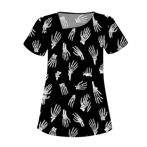 Saymany Kasack Damen Halloween Bequem Kostüme Arbeitskleidung Pflege Kurzarm Kostüm Geister Günstig Scrubs Hexe Gothic （4-Black，XL） von Saymany