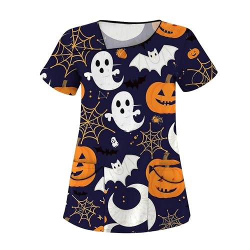 Saymany Kasack Damen Halloween Casual Arbeitskleidung & Uniformen Lässig Berufsbekleidung Op Kürbis Kostüm Gruselig Kostume V-Ausschnitt Krankenschwester Kittel （3-Navy，5XL） von Saymany