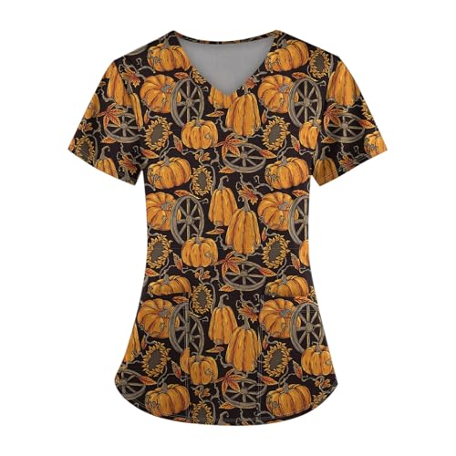 Saymany Kasack Damen Halloween Casual Berufsbekleidung Pflege Gruselige Kostüme Fledermaus Kostüm Lässig Kasacks Kurzarm Pflegekleidung Set （3-Yellow，M） von Saymany