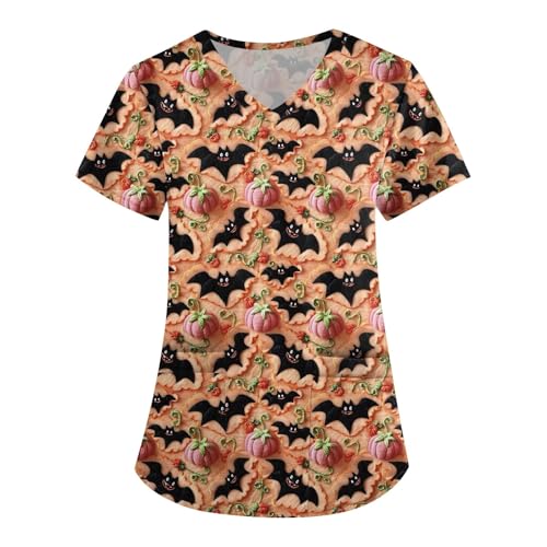 Saymany Kasack Damen Halloween Fledermaus Kostüm Pflege Kleidung Herren Casual Für Scrubs Druck Kazaks Kostüm Mit Taschen Gothic （3-Earthy Yellow，S） von Saymany