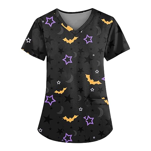 Saymany Kasack Damen Halloween Geister Halloween-Kostüm Pflege Druck Arbeitskleidung & Uniformen Kostume V-Ausschnitt Medizinische Kleidung Op Casual （6-Black，M） von Saymany