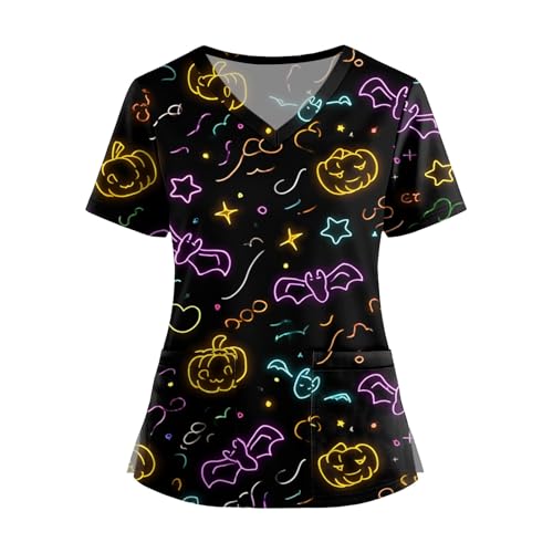 Saymany Kasack Damen Halloween Hexe Kostüm Kasaks Altenpflege V-Ausschnitt Gruseliges Scrubs Mit Taschen Gruselig Halloween-Kostüme Casual Medizinische Uniform （2-Black，XL） von Saymany