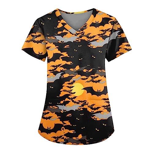 Saymany Kasack Halloween Druck Berufsbekleidung Hose Damen Geister Kostume Halloween-Kostüm V-Ausschnitt Pflege Kostüm Fledermaus Costume （5-Black，XL） von Saymany