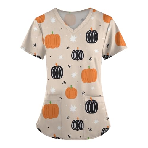 Saymany Kasack Halloween Druck Kostüm Herren V-Ausschnitt Berufsbekleidung Pflege Halloween-Kostüm Locker Kasacks Damen Halloween-Kostüme Mit Taschen Kasaks Altenpflege （6-Beige，XXL） von Saymany