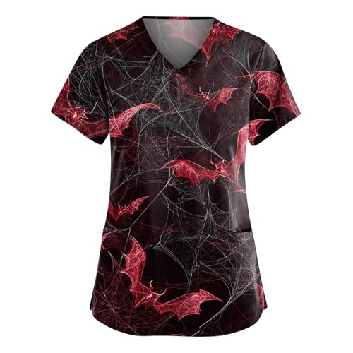Saymany Kasack Halloween Hexe Kostüm Krankenschwester Kleidung V-Ausschnitt Kostüm Damen Kurzarm Hose Gruseliges Geister Arztkittel （1-Red，4XL） von Saymany