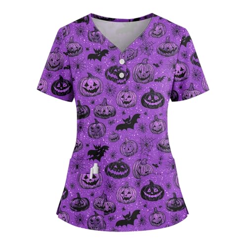 Saymany Kasack Halloween Kostüm Damen Kürbis Kostüme Arztkittel Mit Taschen Kostüm Arbeitskleidung & Uniformen Geister Kasacks Pflege Baumwolle Op Kleidung Fledermaus （1-Purple，S） von Saymany