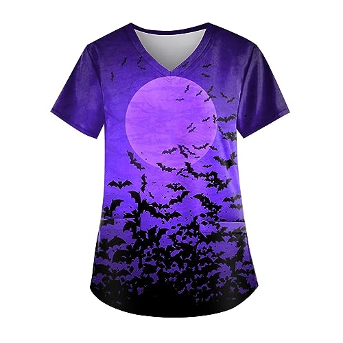 Saymany Kasack Halloween Kostüm Damen Lässig Berufsbekleidung Kittel Weiß V-Ausschnitt Halloween-Kostüm Gruseliges Kürbis Arbeitskleidung Kostüm Fledermaus Pflege （3-Purple，3XL） von Saymany