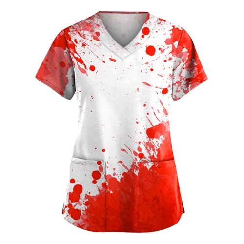 Saymany Kasack Halloween Kostüm Damen Mit Taschen Gothic Arztkittel Kürbis Krankenschwester Kleidung Halloween-Kostüm Druck Pflege Op Lässig （2-Red，4XL） von Saymany
