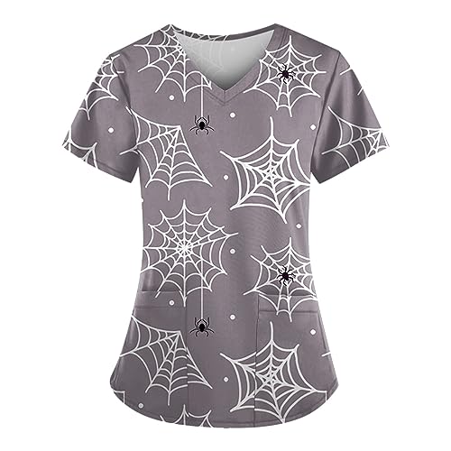 Saymany Kasack Halloween Mit Taschen Halloween-Kostüme Arztkittel Hexe Krankenschwester Kleidung Kostüm Für Druck Kasacks Damen Pflege Baumwolle Scrubs Locker Berufsbekleidung （1-Gray，XXL） von Saymany