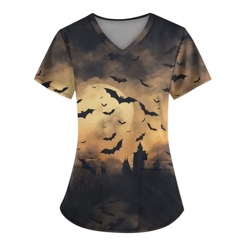 Saymany Kostüme Für Halloween Druck Kostüm Damen Kasaks Altenpflege Kurzarm Op Kasack Hexe Kittel Gothic V-Ausschnitt Medizinische Frauen （7-Orange，M） von Saymany