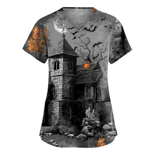 Saymany Kostüme Für Halloween Druck Kostüm Kostüm Horror Geister Halloween-Kostüme Krankenschwester Kittel Kürbis Kasacks Arzt V-Ausschnitt Kasack Damen Pflege Günstig （1-Gray，XL） von Saymany