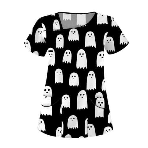 Saymany Schlupfhemd Kasack Halloween Druck Kostüme Kasacks Lässig Kostüm Casual Kittel Damen Gruseliges V-Ausschnitt Große Größen （1-Black，L） von Saymany