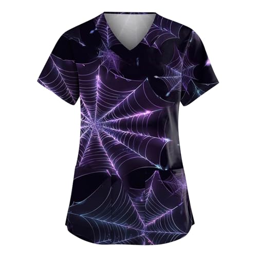 Saymany Schlupfhemd Kasack Halloween Fledermaus Kostüm Pflegekleidung Damen Set Bequem Berufsbekleidung Pflege Kostüm V-Ausschnitt Weißer Kittel Halloween-Kostüm Mit Taschen （2-Purple，3XL） von Saymany