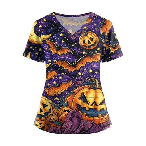 Saymany Schlupfhemd Kasack Halloween V-Ausschnitt Op Kleidung Mit Taschen Medizinische Berufsbekleidung Damen Kostüm Fledermaus Krankenschwester Kostüm Hexe Kittel Weiß （2-Purple，S） von Saymany