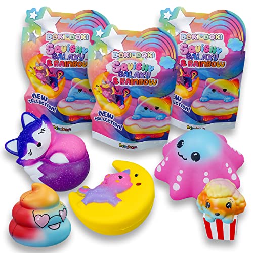 Sbabam Doki Doki Squishy Galaxy and Rainbow, Spielzeug ab 3 Jahre für Kinder, 3er-Pack, Weiches und Farbenfrohes Squishy Spielzeug als Baby Geschenk - Tiere Figuren wie Einhorn, Fuchs und Andere von Sbabam